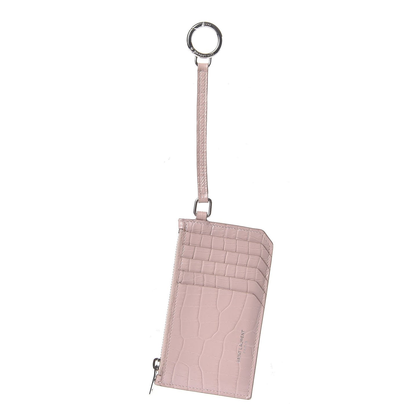 Calfskin Crocodile Embossed 5 Fragments Zip Pouch Card Holder Rose Antic