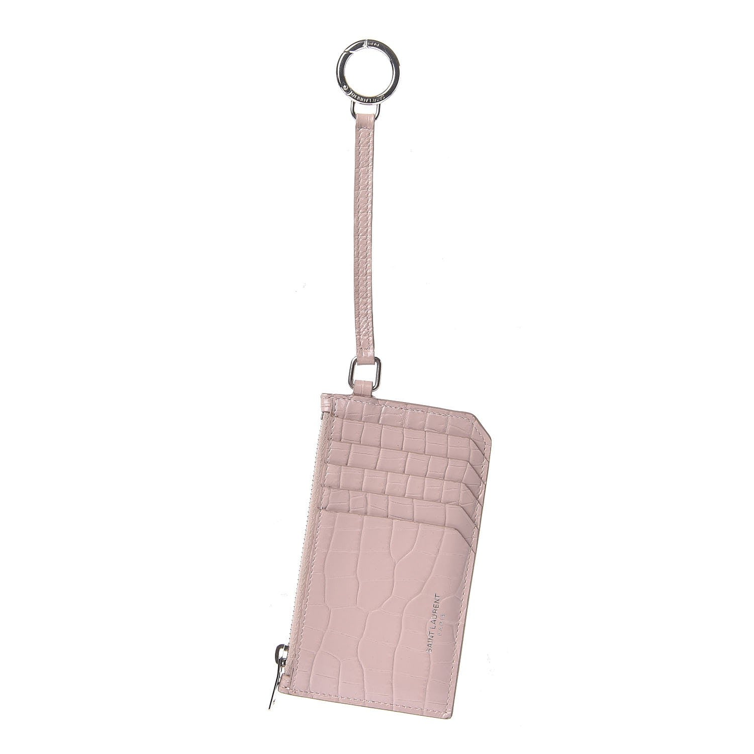 Saint Laurent Calfskin Crocodile Embossed 5 Fragments Zip Pouch Card Holder Rose Antic 9 of 13