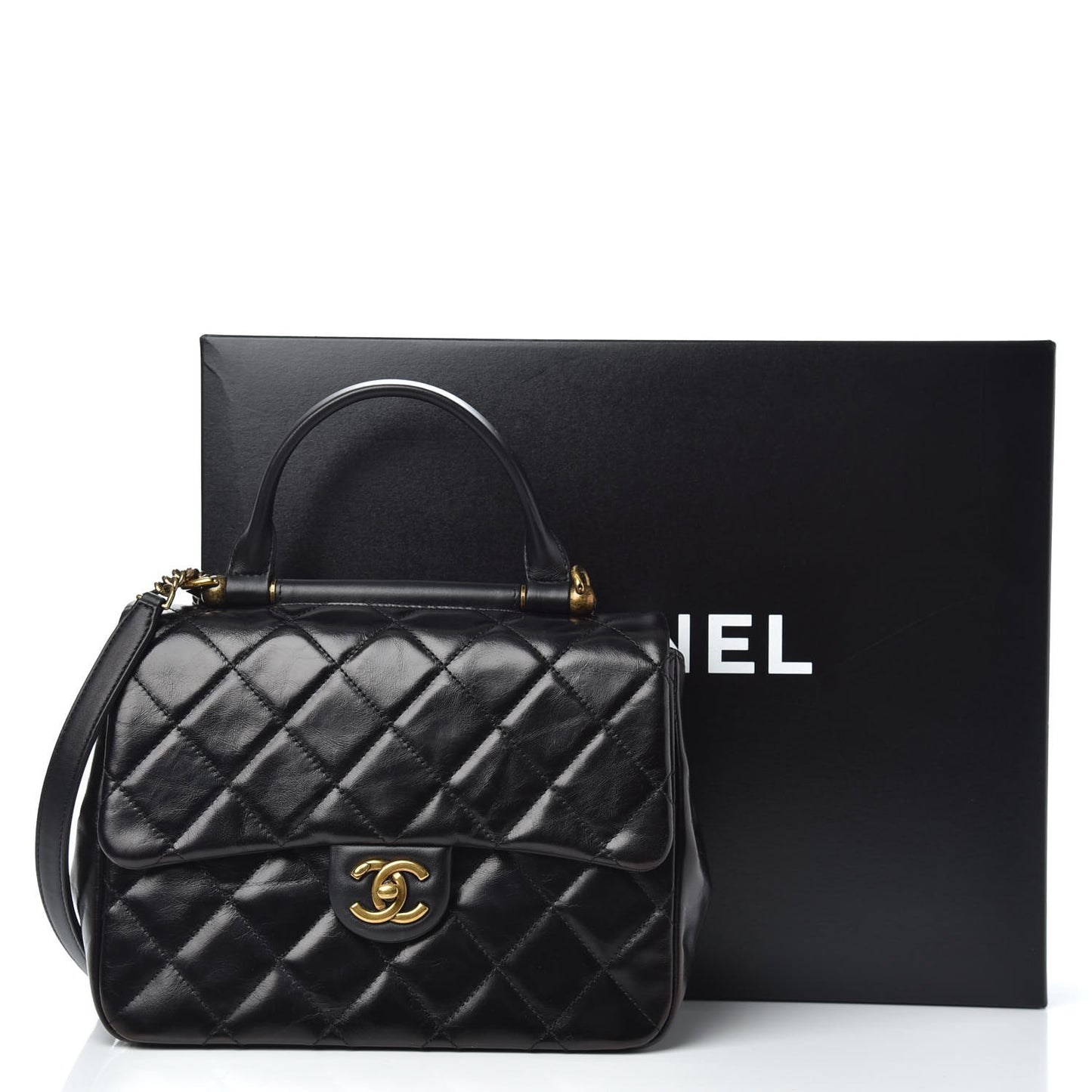 Glazed Calfskin Quilted Medium Gold Bar Top Handle Flap Black