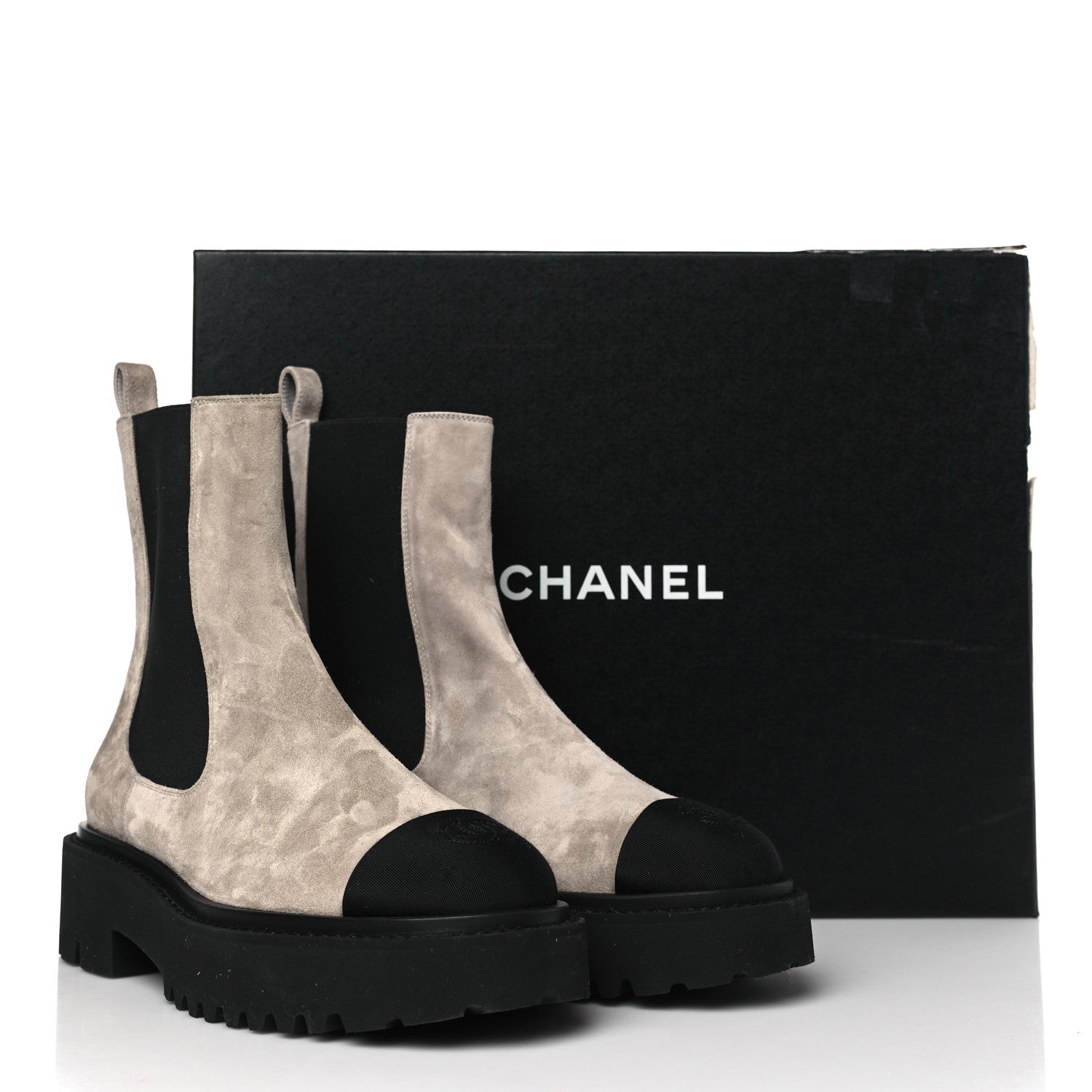 Chanel Suede Calfskin Grossgrain Cap Toe CC Ankle Boots 37.5 Light Grey Black 9 of 9