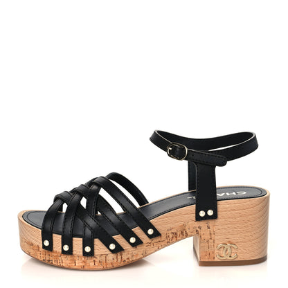 Chanel Cork Wood Mykonos Wedge 38 Black 1 of 9