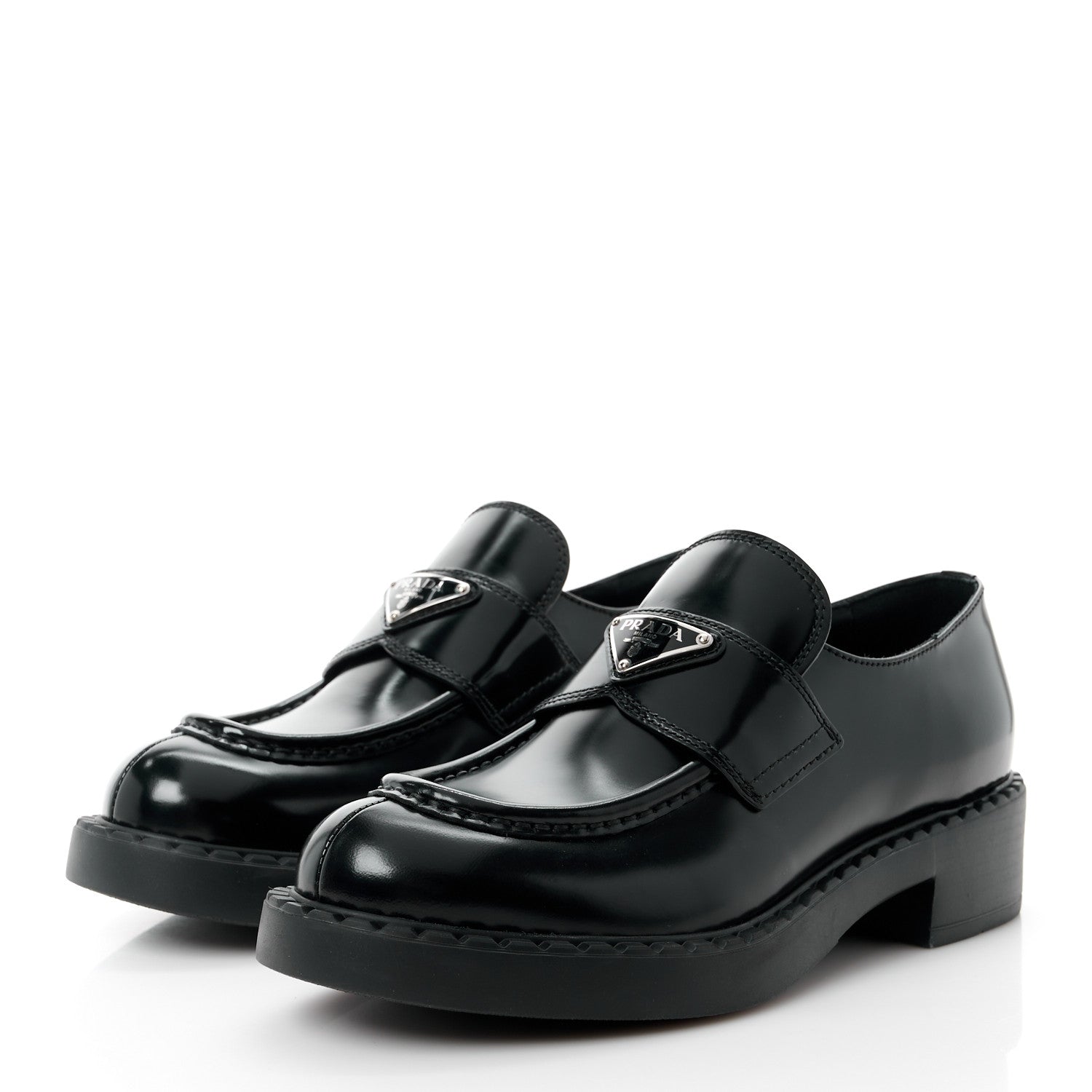 Prada Spazzolato Metal Triangle Logo 50mm Lug Sole Loafers 39 Black 3 of 11