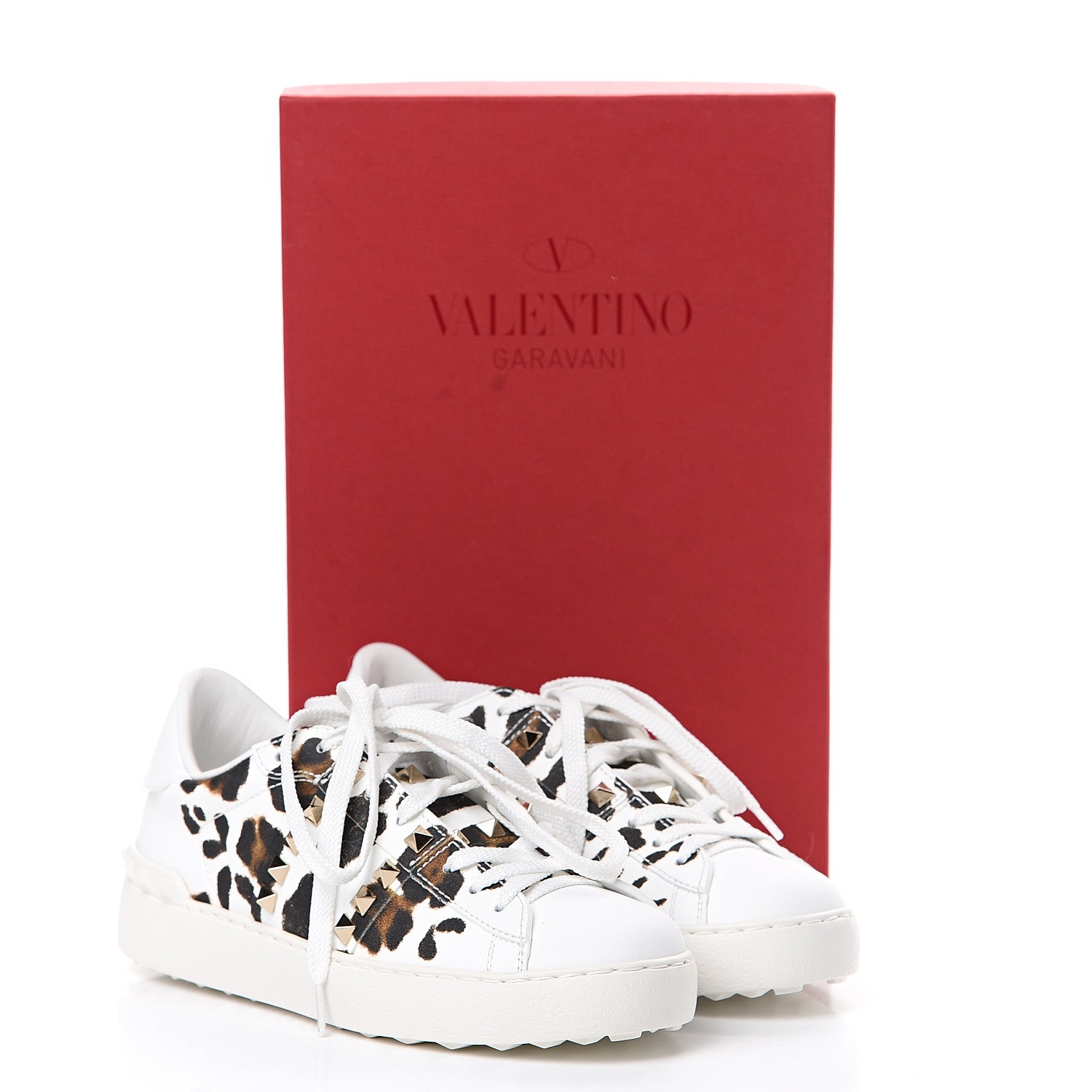 Valentino Garavani Calfskin Leopard Print Rockstud Untitled Open Sneakers 35 White 8 of 8