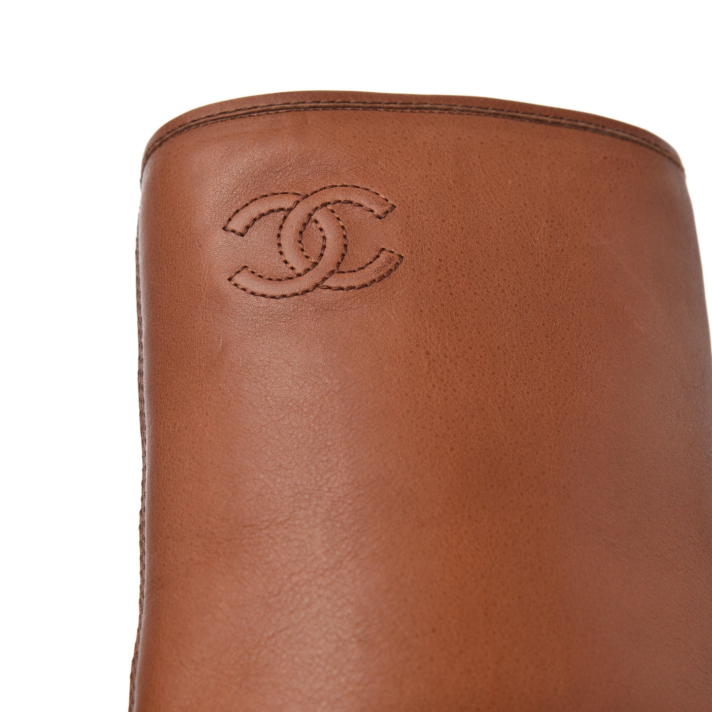 Calfskin CC Logo Mid Calf Boots 38 Caramel
