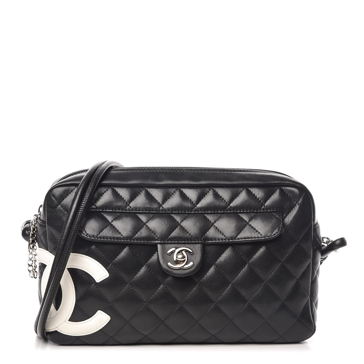 Calfskin Quilted Cambon Camera Case Black White