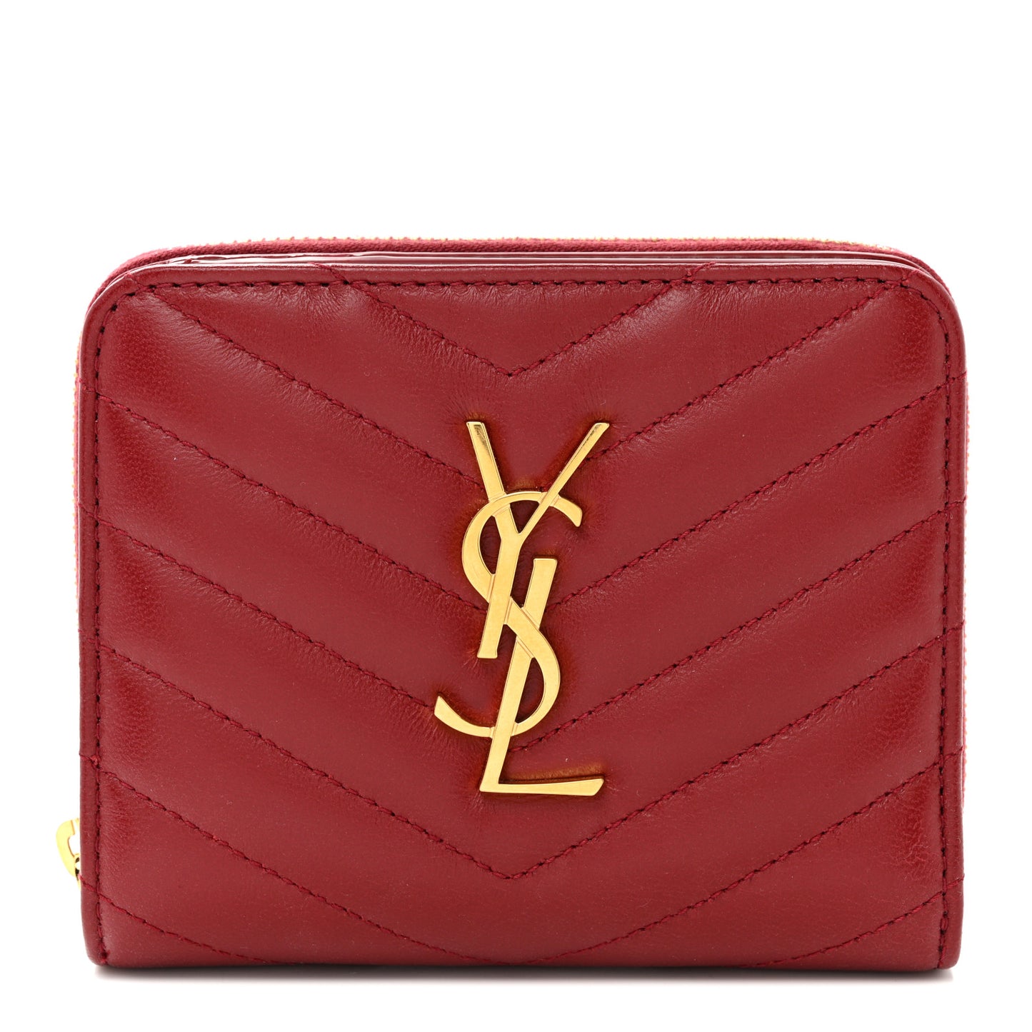 Lambskin Matelasse Chevron Monogram Compact Zip Around Wallet Rouge Opium