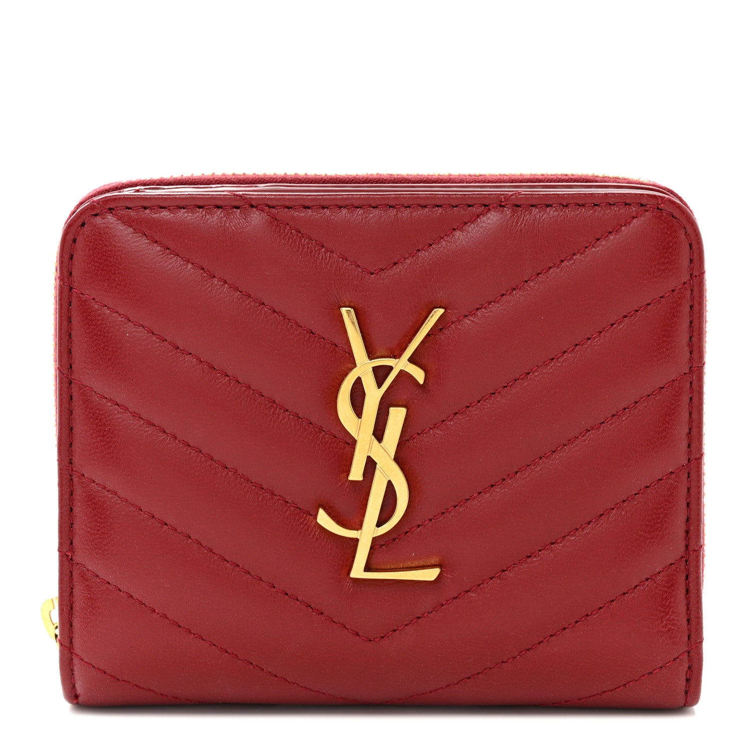 Saint Laurent Lambskin Matelasse Chevron Monogram Compact Zip Around Wallet Rouge Opium 1 of 9
