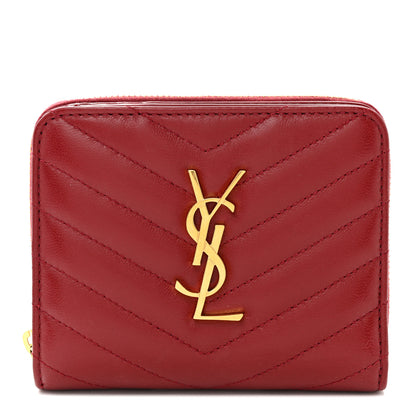 Saint Laurent Lambskin Matelasse Chevron Monogram Compact Zip Around Wallet Rouge Opium 1 of 9