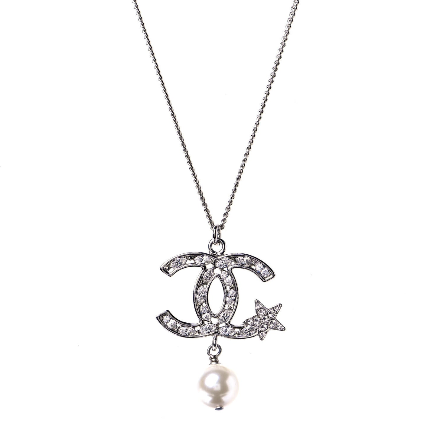 Crystal CC Star Pearl Drop Necklace Silver