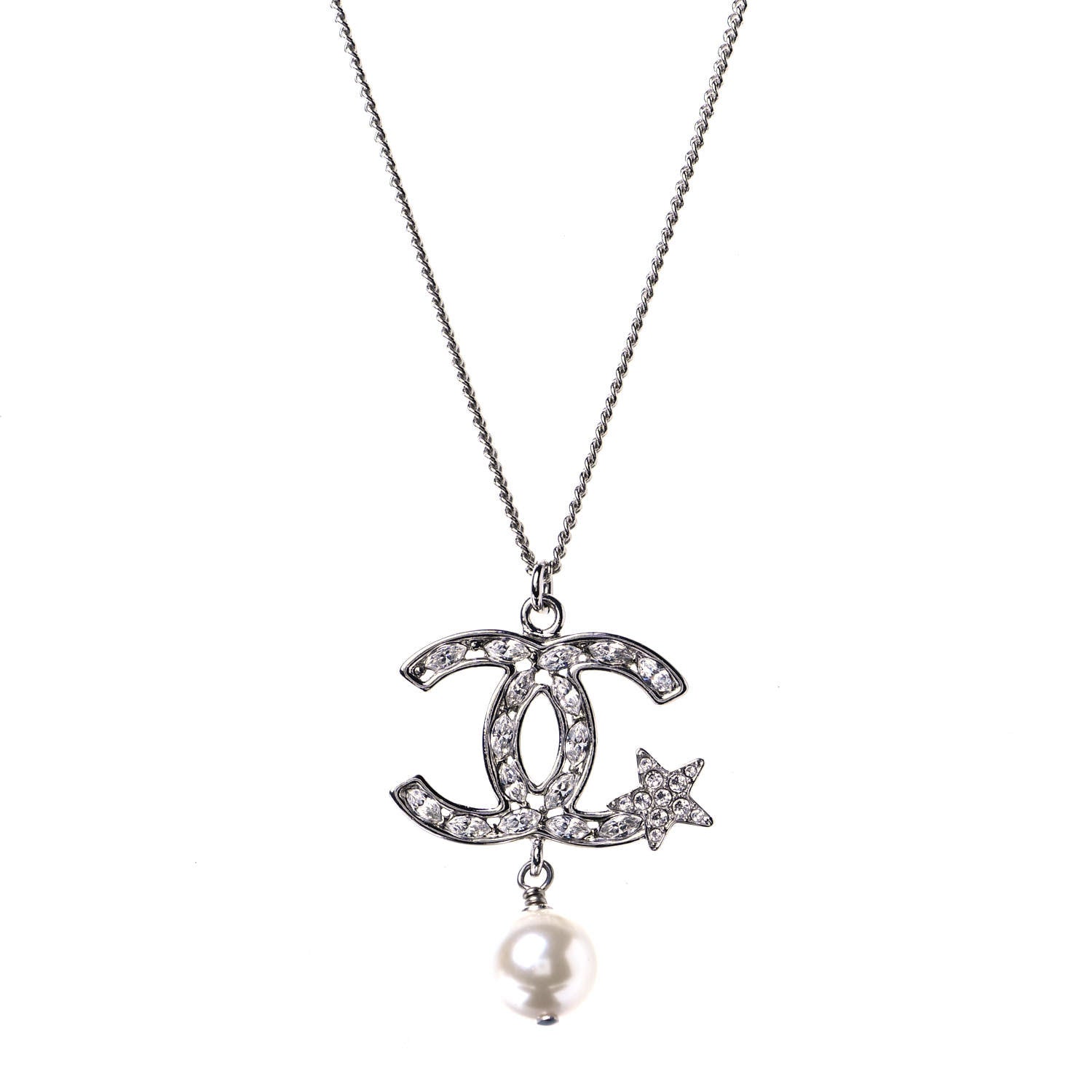 Chanel Crystal CC Star Pearl Drop Necklace Silver 4 of 5