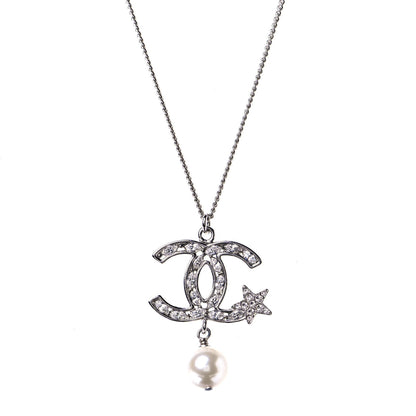 Chanel Crystal CC Star Pearl Drop Necklace Silver 4 of 5