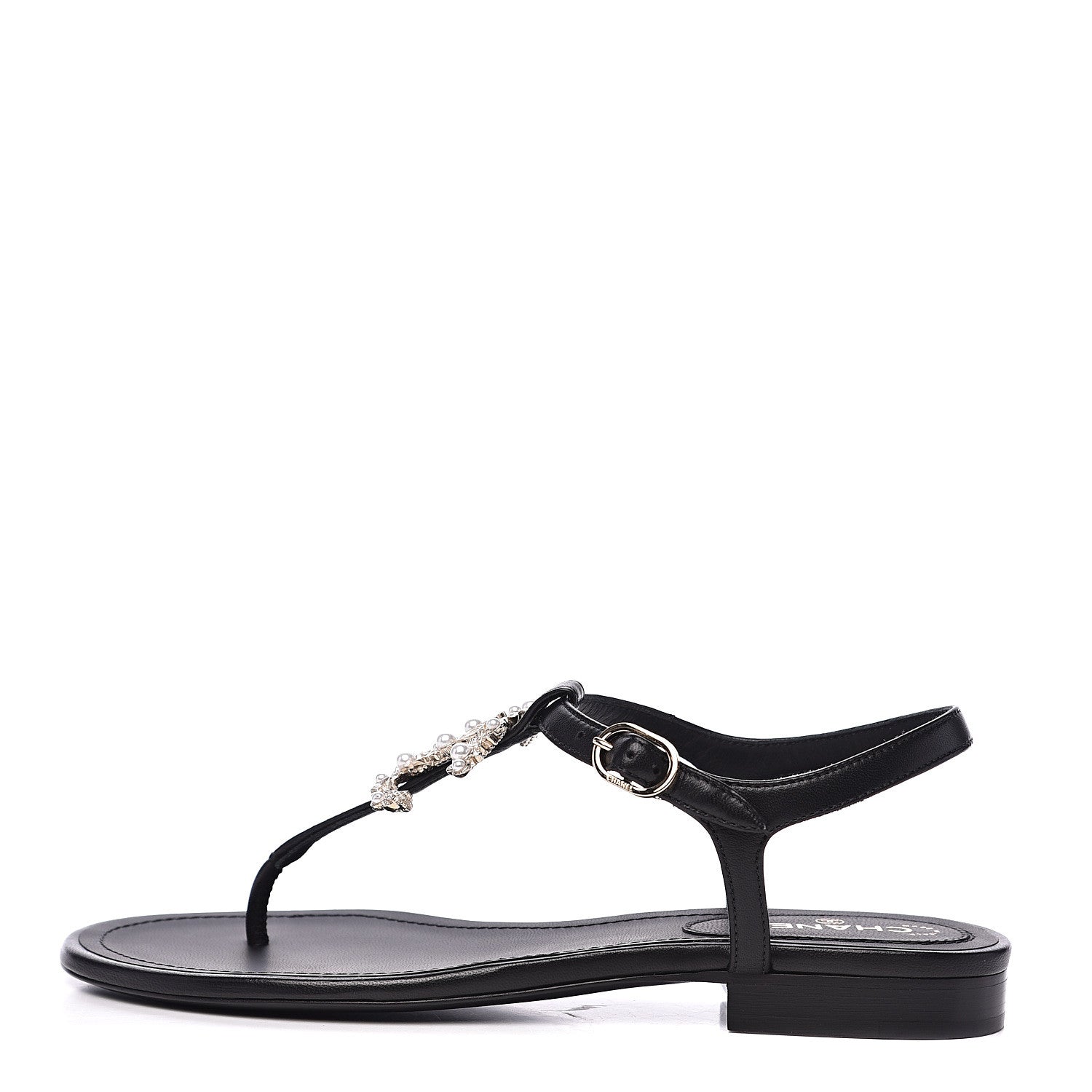 Chanel Lambskin Pearl CC Thong Sandals 35.5 Black 1 of 9