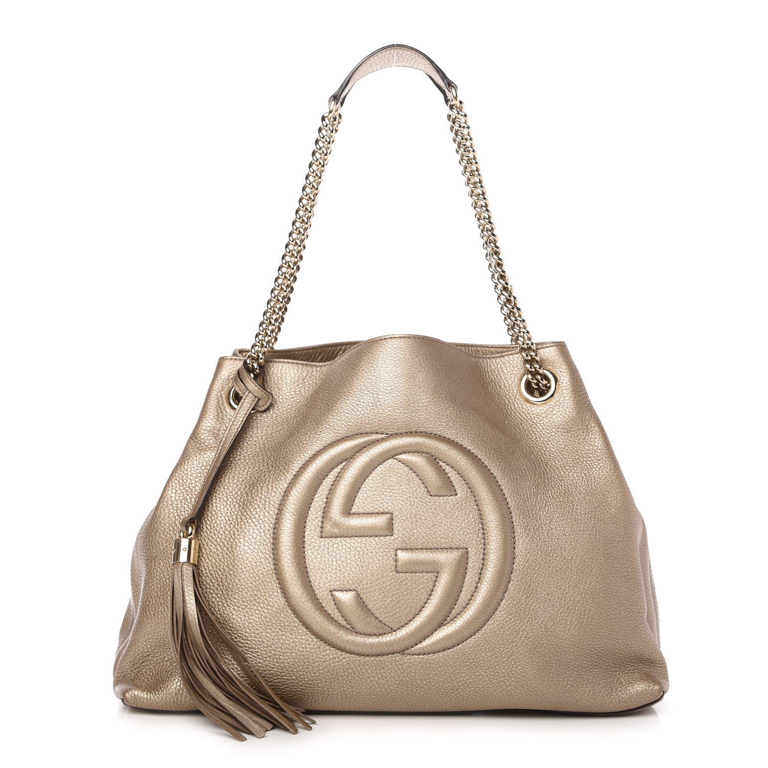 Gucci Metallic Pebbled Calfskin Medium Soho Chain Shoulder Bag Golden Beige 1 of 12