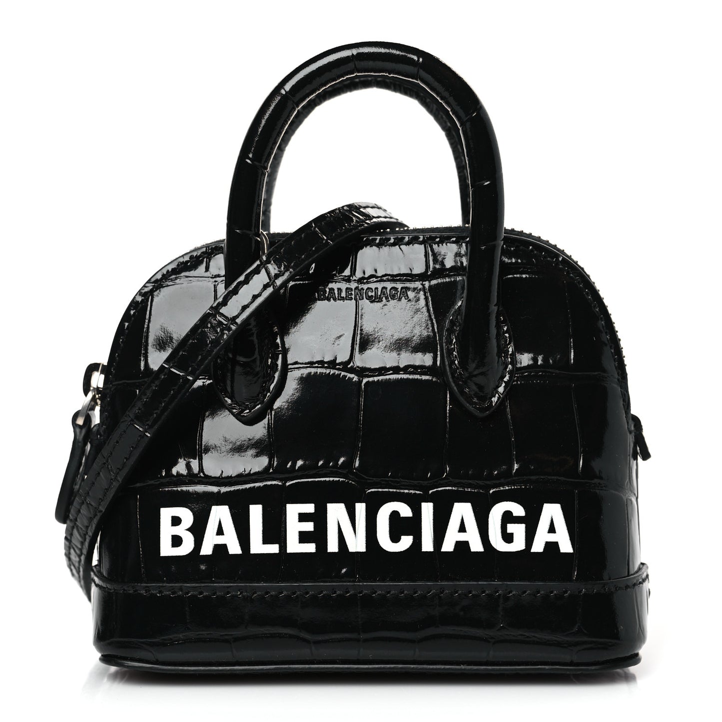 Shiny Calfskin Logo Crocodile Embossed XXS Ville Top Handle Bag Black White