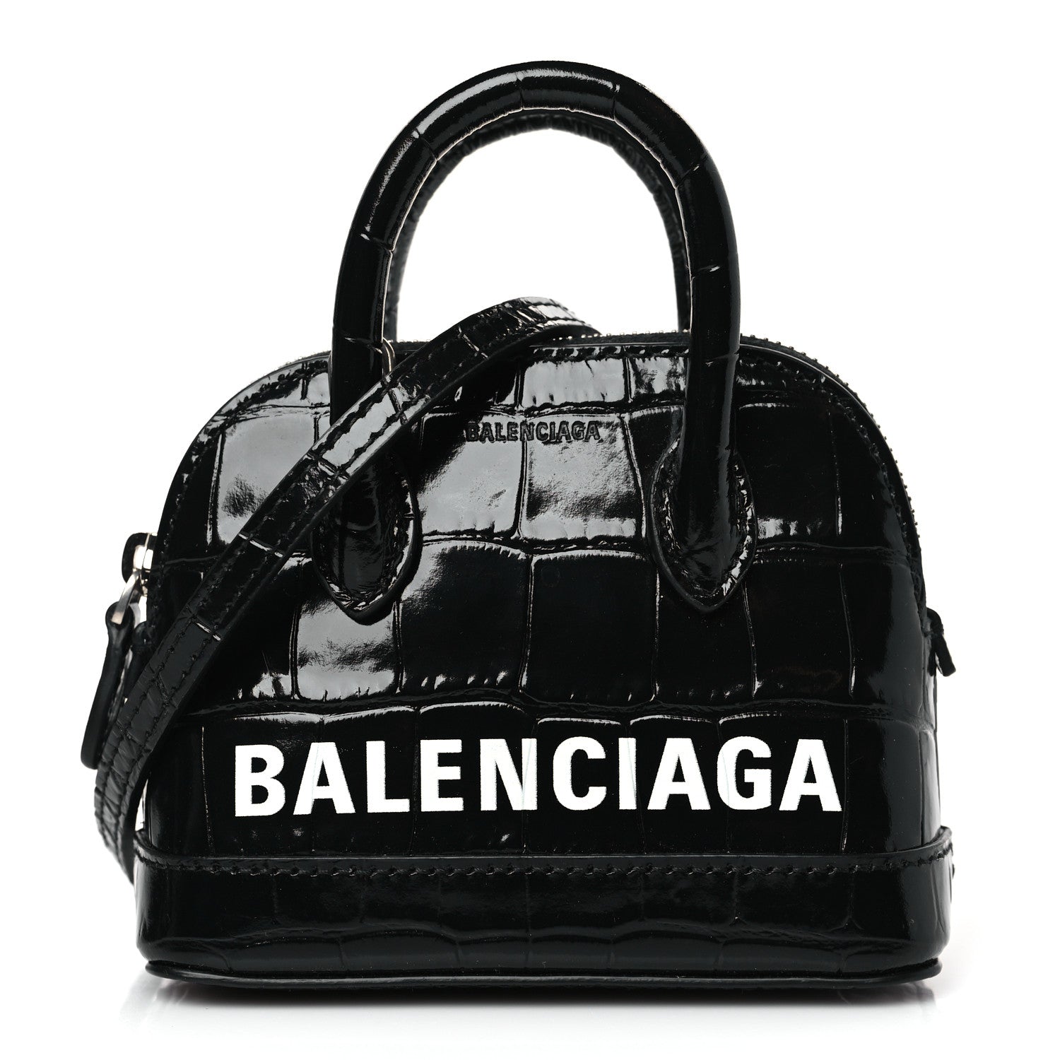 Balenciaga Shiny Calfskin Logo Crocodile Embossed XXS Ville Top Handle Bag Black White 1 of 8