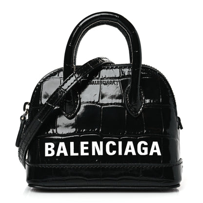 Balenciaga Shiny Calfskin Logo Crocodile Embossed XXS Ville Top Handle Bag Black White 1 of 8