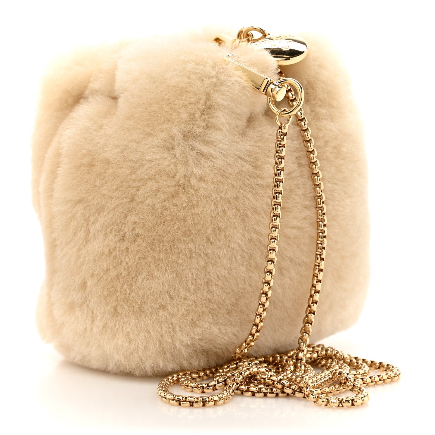 Shearling Metal Triangle Logo Mini Drawcord Pouch Shoulder Bag Ecru