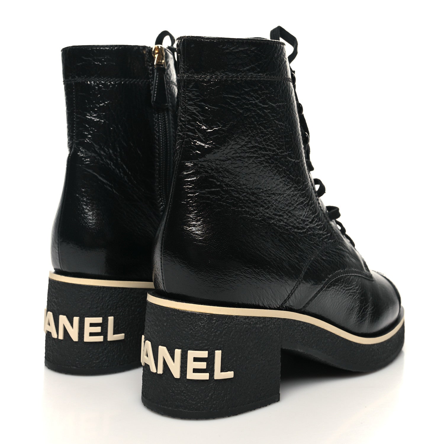 Chanel Shiny Crumpled Lambskin Lace Up Combat Boots 40.5 Black 4 of 8