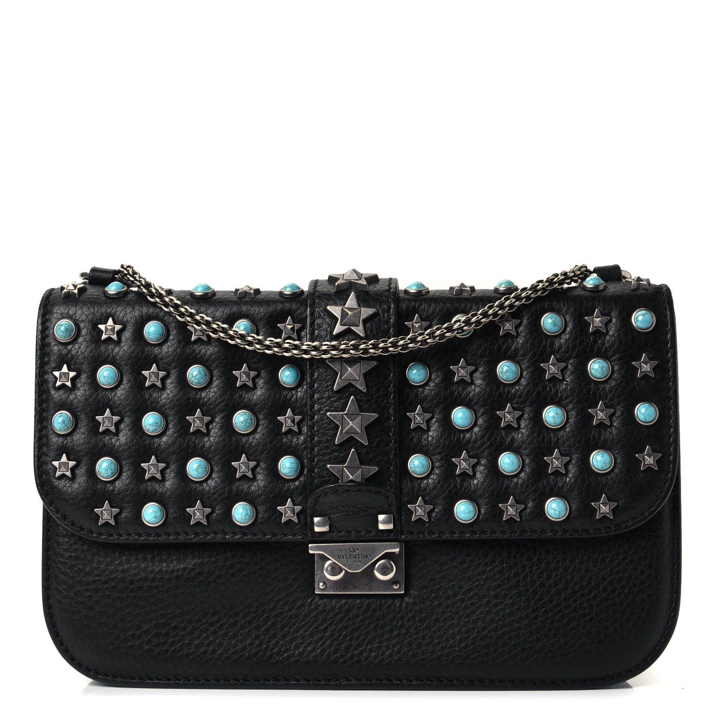 Pebbled Calfskin Star Studded Medium Lock Flap Black