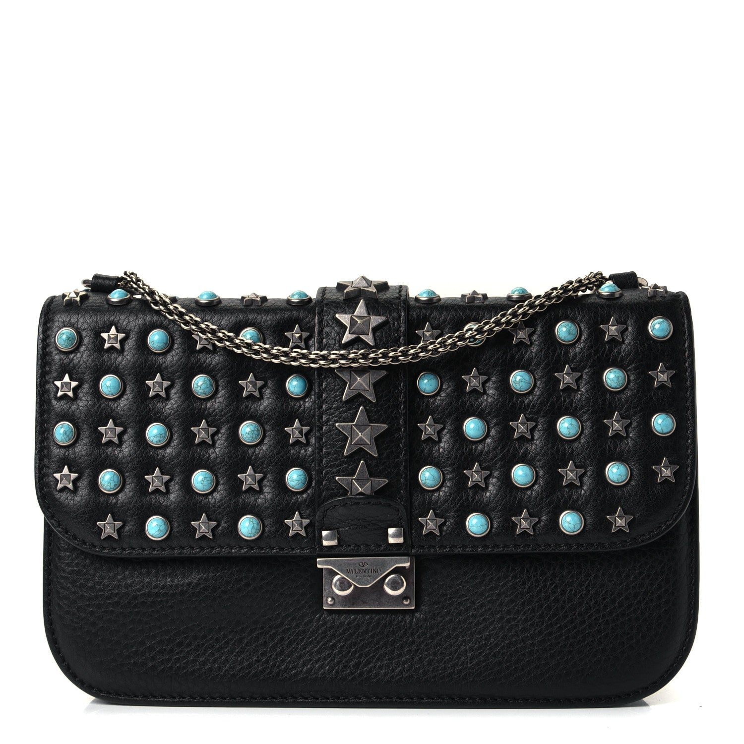 Valentino Garavani Pebbled Calfskin Star Studded Medium Lock Flap Black 1 of 5