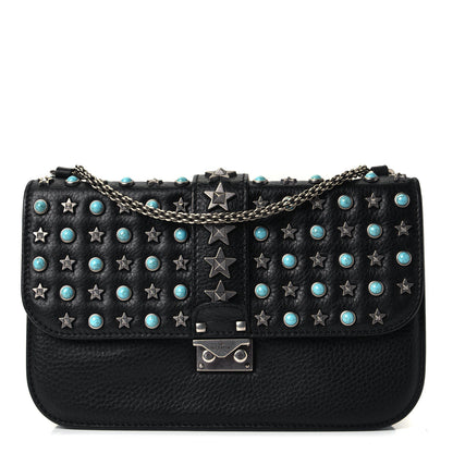 Valentino Garavani Pebbled Calfskin Star Studded Medium Lock Flap Black 1 of 5