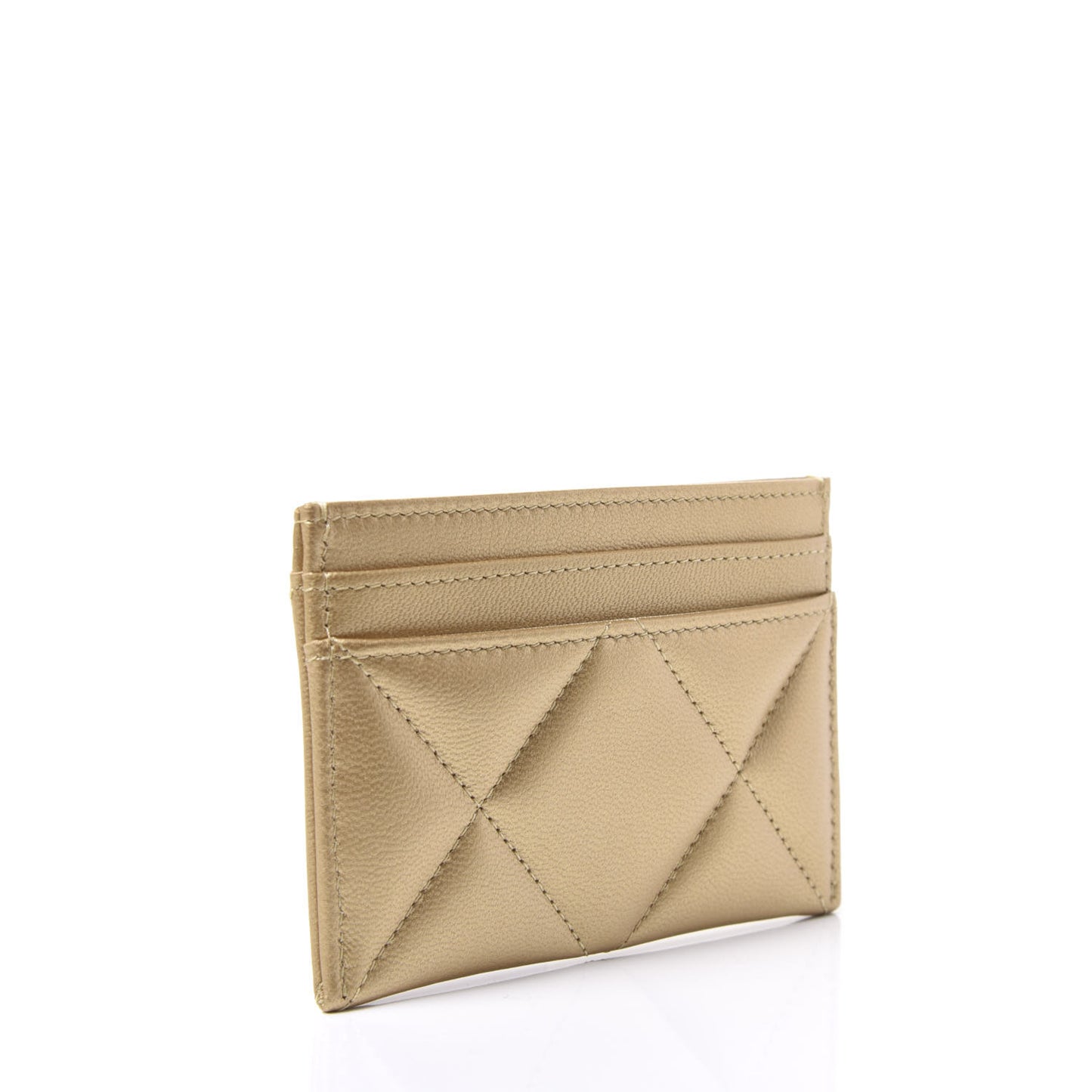 Metallic Goatskin Quilted Chanel 19 Card Holder Gold