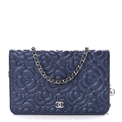 Chanel Goatskin Camellia Embossed Wallet On Chain WOC Blue 1 of 11