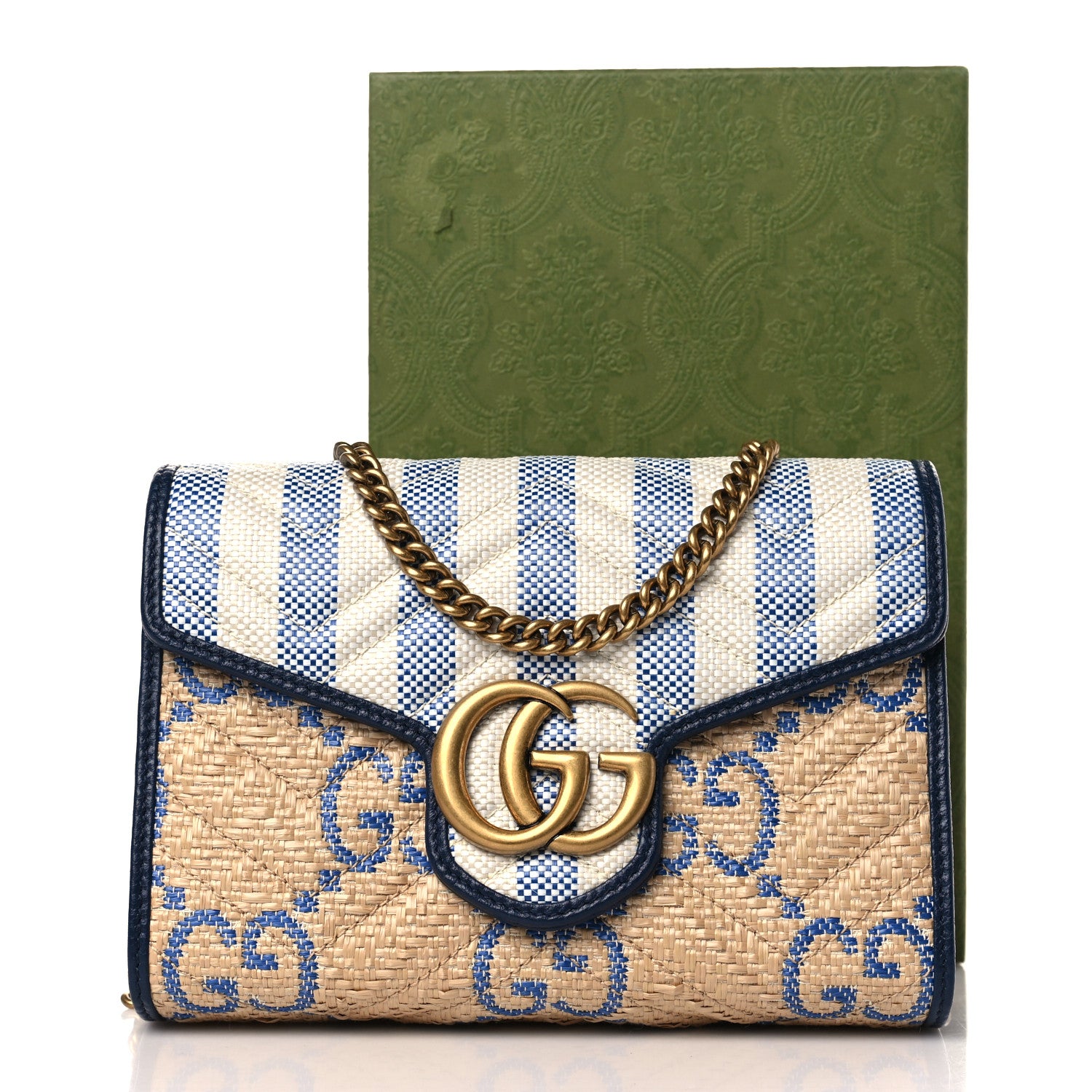 Gucci Raffia GG Monogram Matelasse GG Marmont Chain Wallet Mystic White Royale Natural 10 of 10