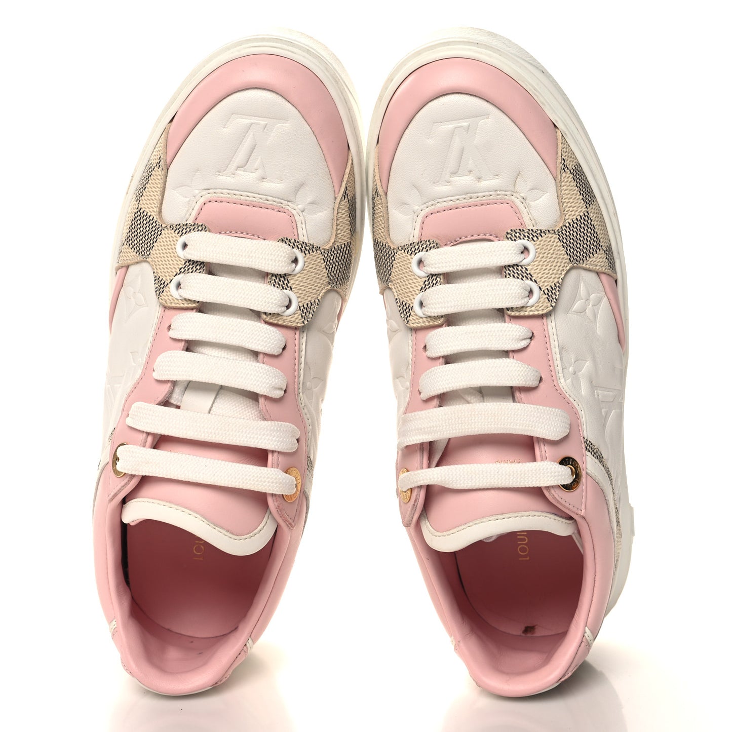 Monogram Embossed Calfskin Damier Azur Time Out Sneakers 36.5 Rose Clair Pink