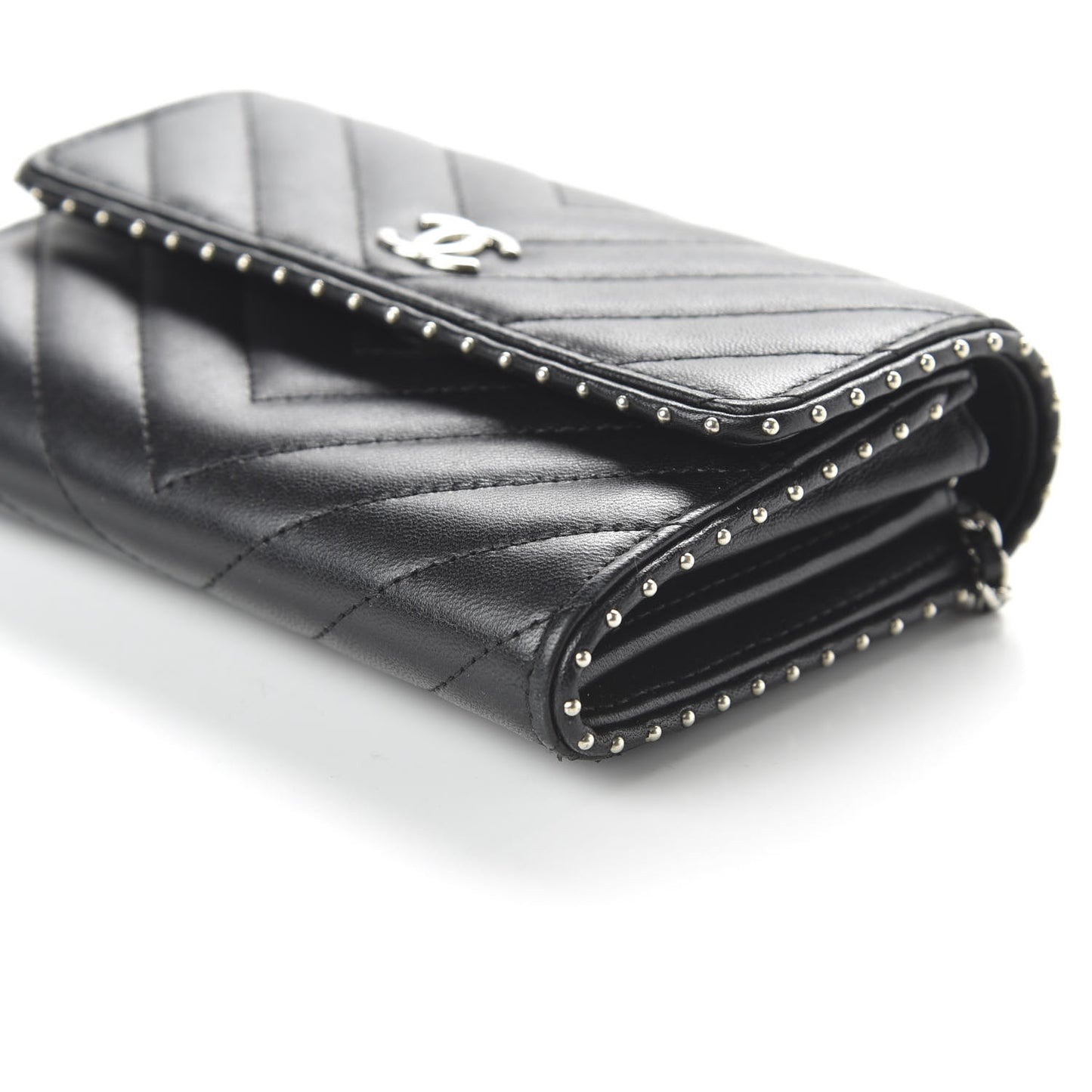 Lambskin Chevron Quilted Studded Clutch With Chain WOC Black