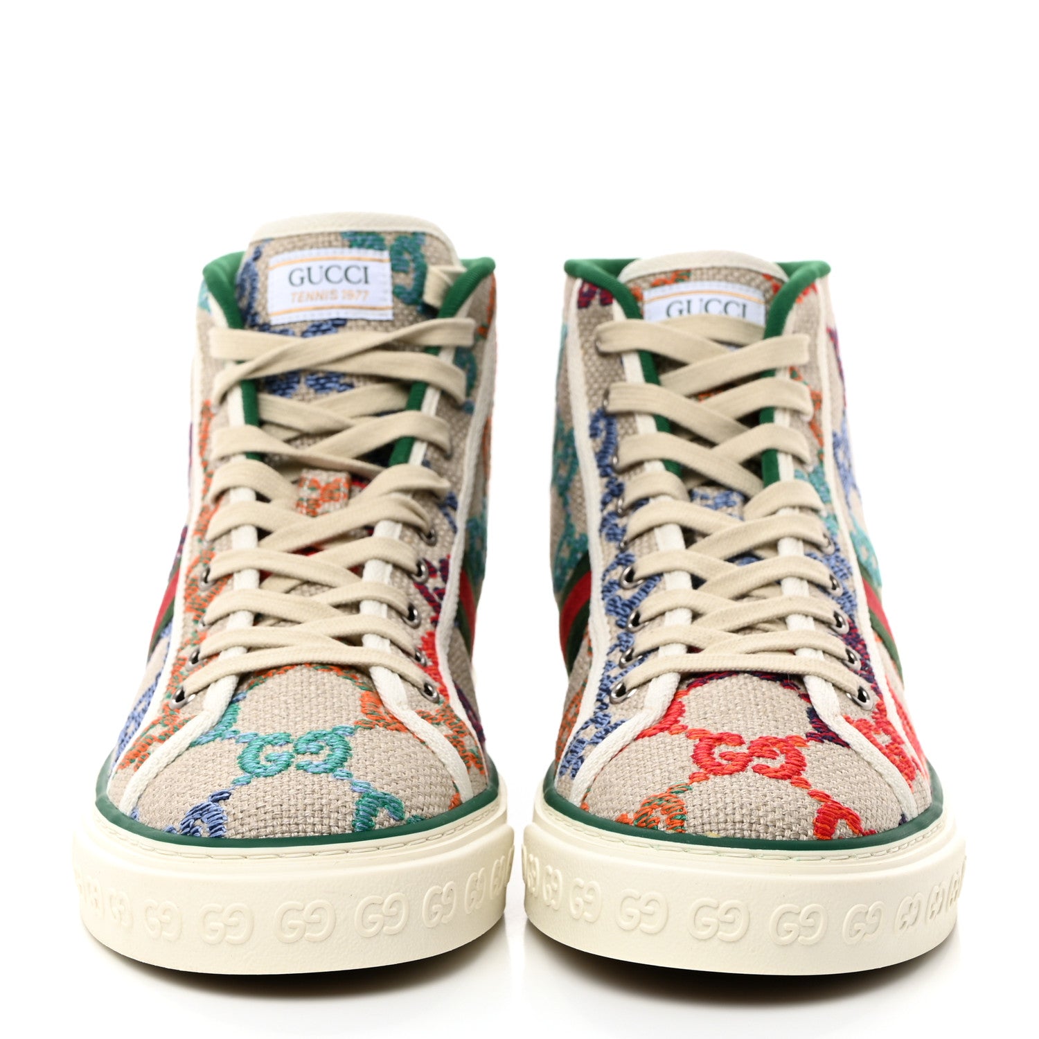 Gucci Linen Psychedelic Mini GG Monogram Mens 1977 Tennis High Top Sneakers 8 Multicolor Mystic White 2 of 8