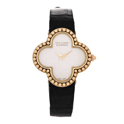 Van Cleef & Arpels 18K Yellow Gold Alligator Mother of Pearl 25mm Alhambra Quartz Watch 1 of 5