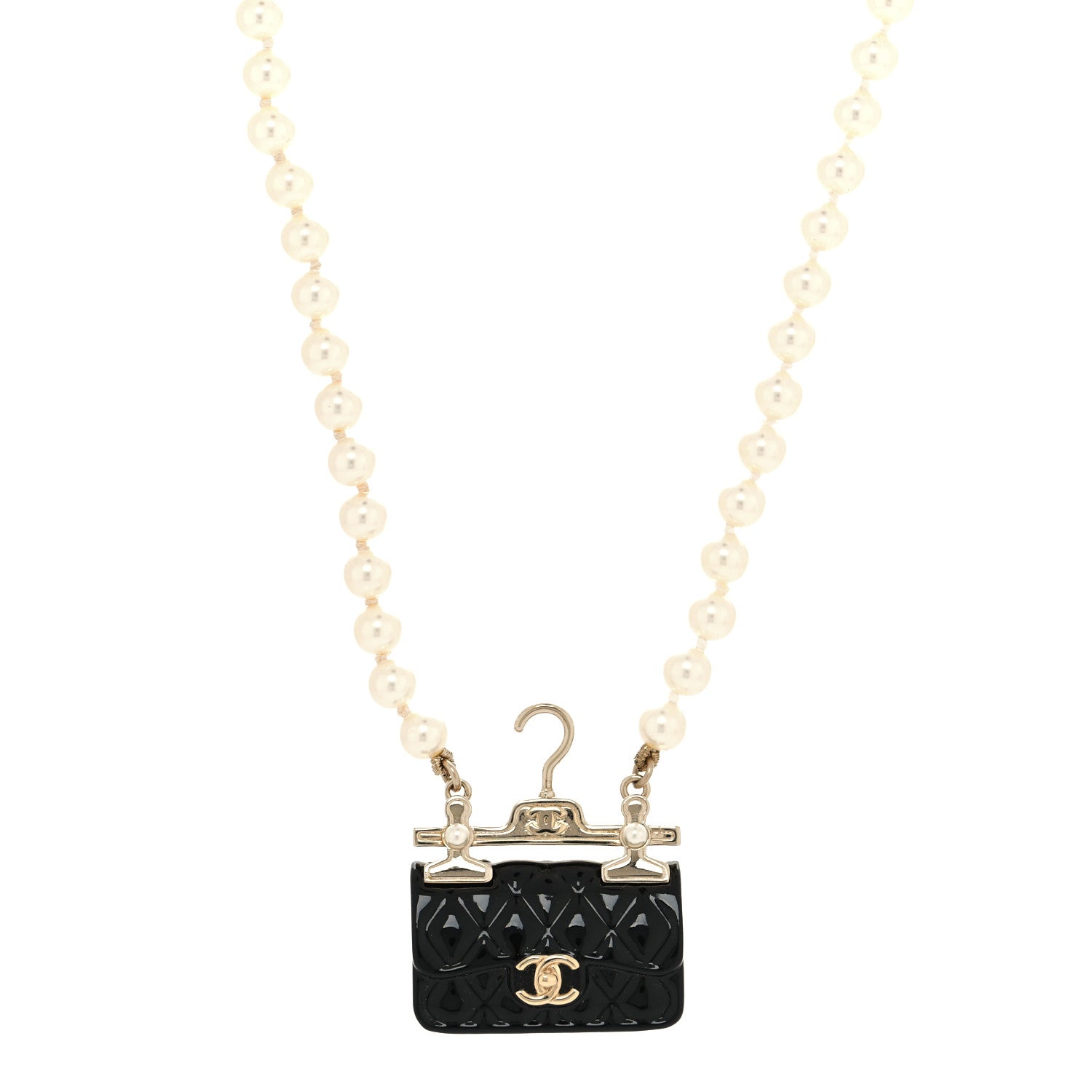 Chanel Pearl Metal Resin Quilted Flap Bag Necklace Gold Black Pearly White 2 of 5