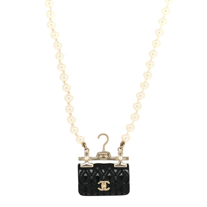Chanel Pearl Metal Resin Quilted Flap Bag Necklace Gold Black Pearly White 2 of 5