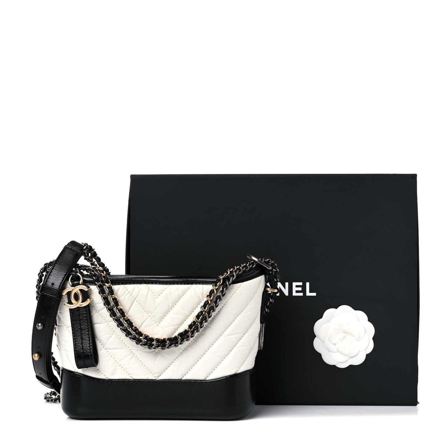 Aged Calfskin Chevron Quilted Small Gabrielle Hobo Black White