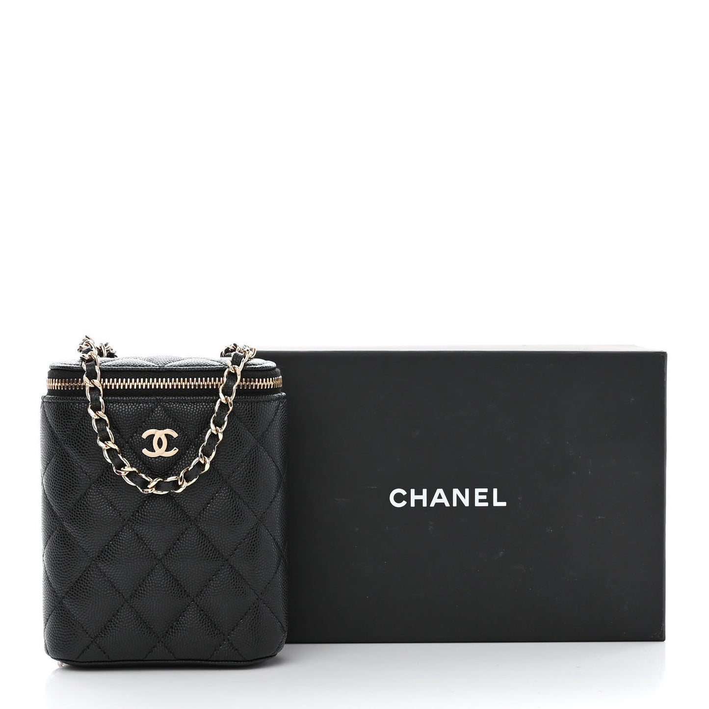 Caviar Quilted Small Vertical Coco Beauty Vanity Case With Chain Black