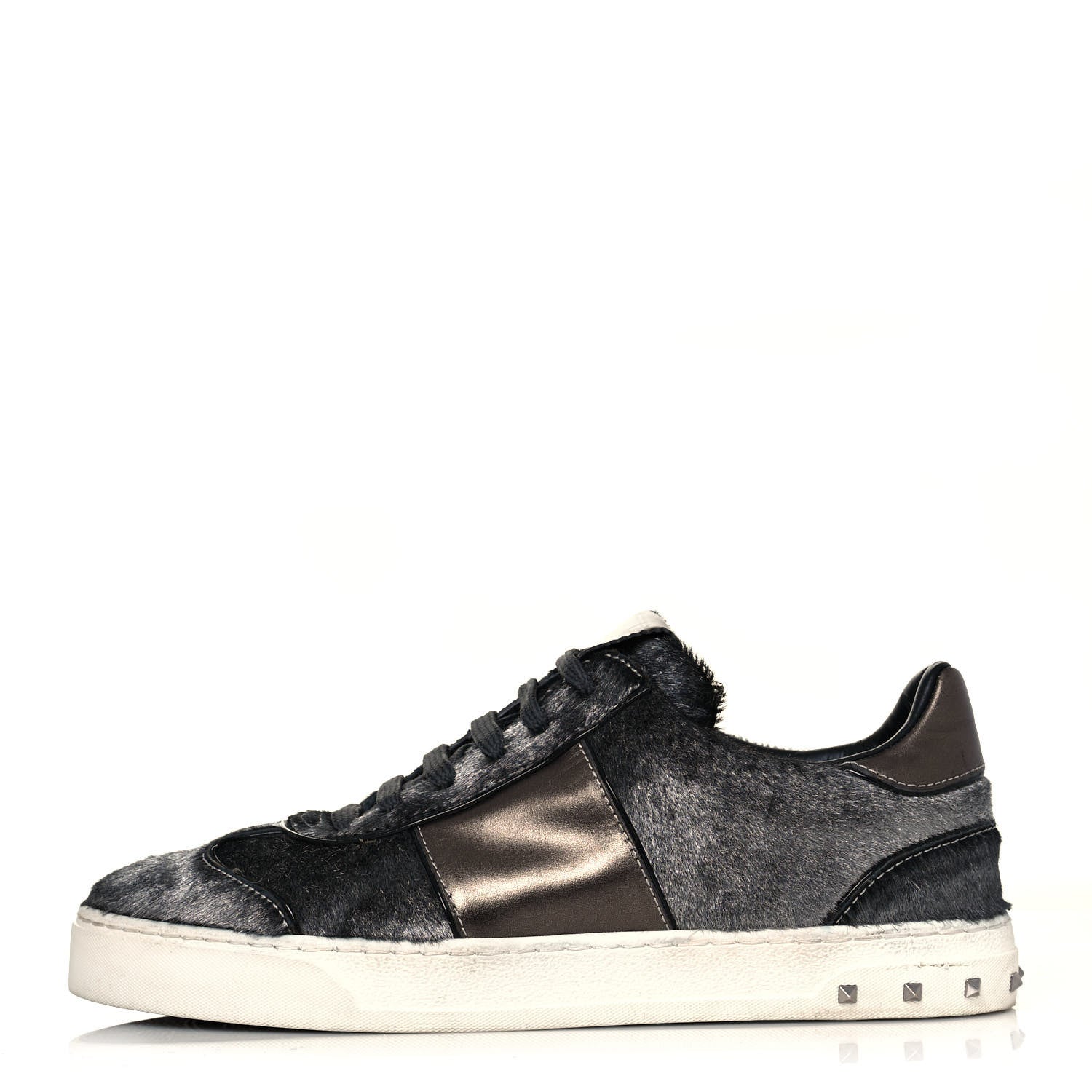 Valentino Garavani Pony Hair Metallic Calfskin Flycrew Sneakers 38 Gray 1 of 7