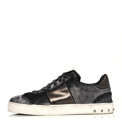 Valentino Garavani Pony Hair Metallic Calfskin Flycrew Sneakers 38 Gray 1 of 7