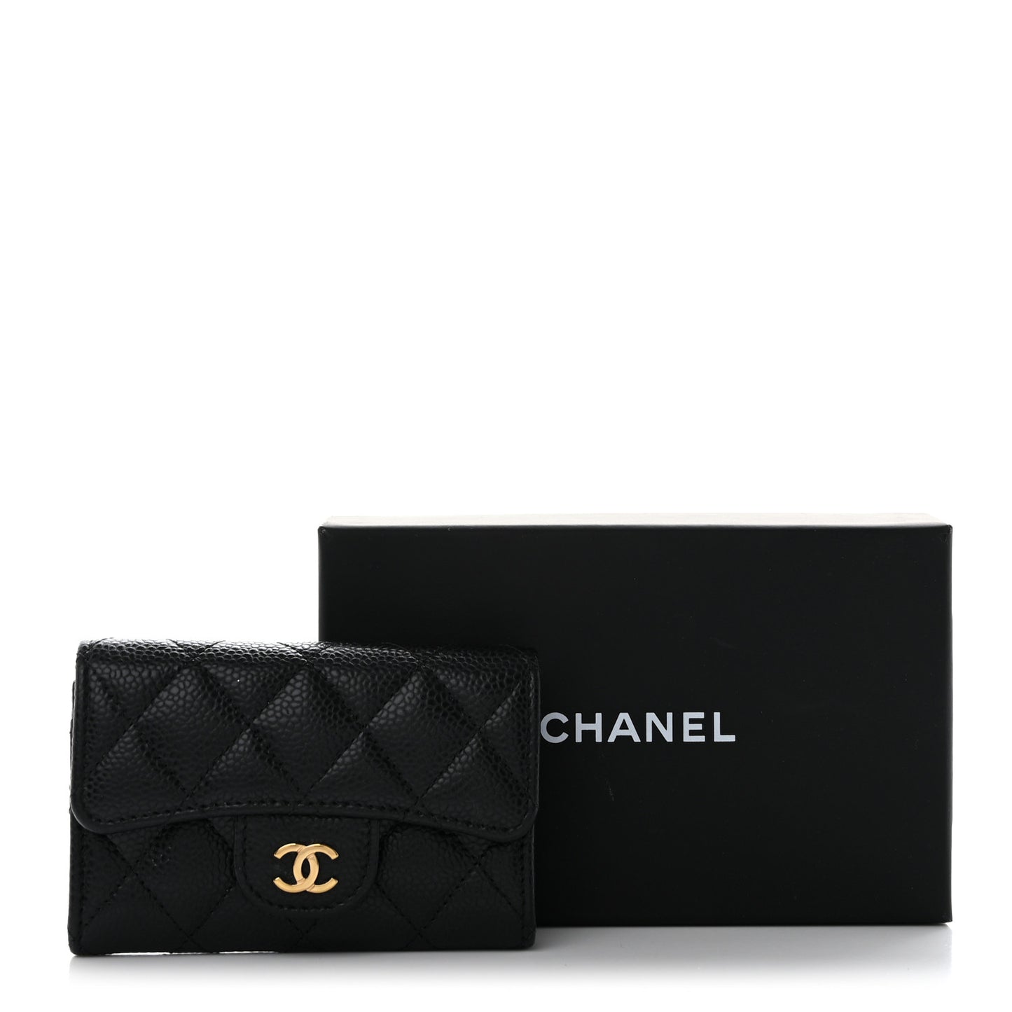 Caviar Quilted Flap Card Holder Wallet Black