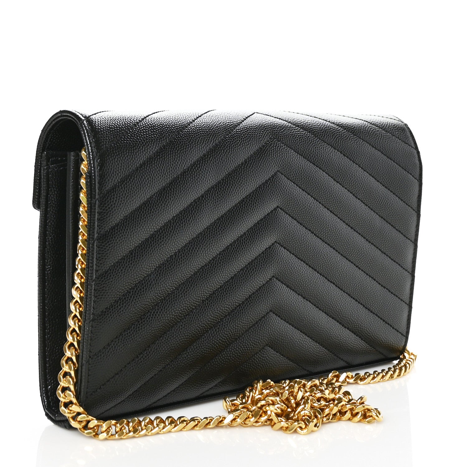Saint Laurent Grain De Poudre Matelasse Chevron Monogram Chain Wallet Black 3 of 7