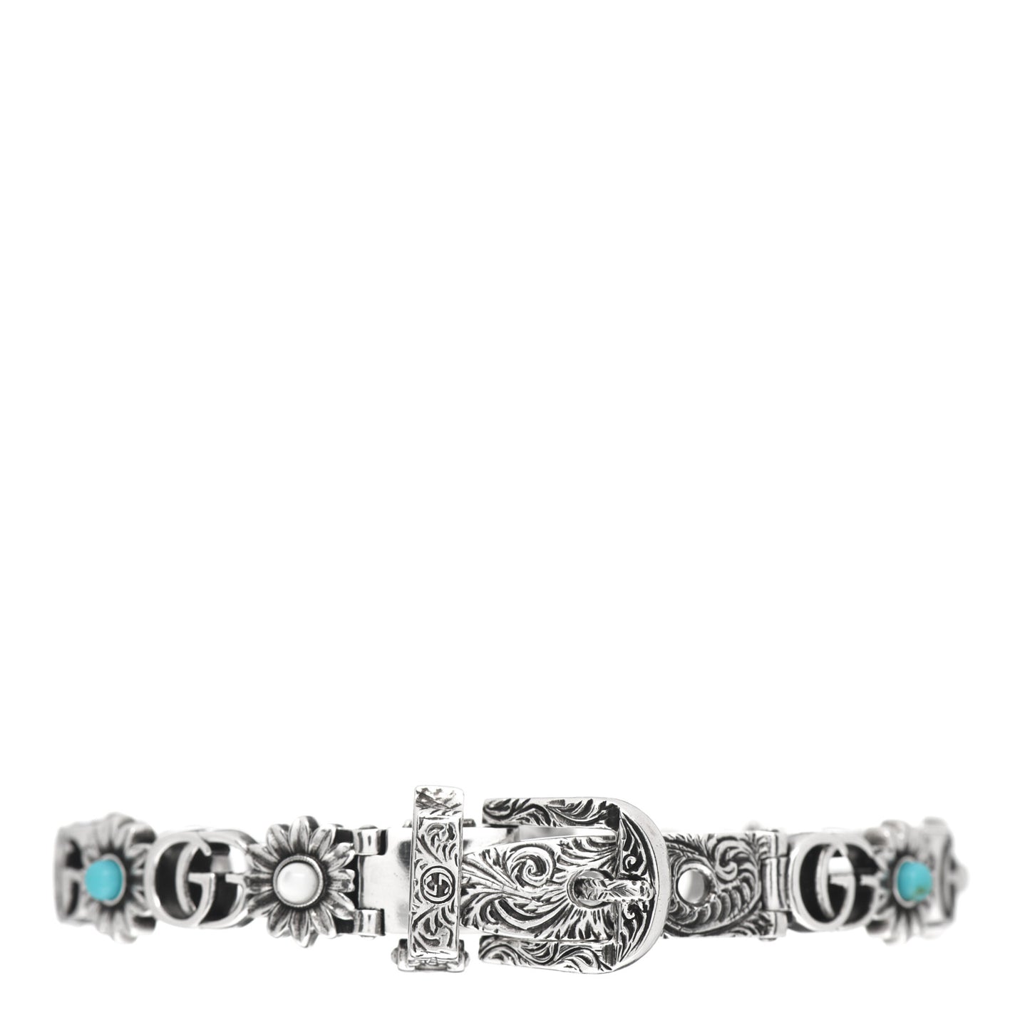 Sterling Silver Blue Topaz Mother of Pearl Turquoise Resin Double G Flower Bracelet