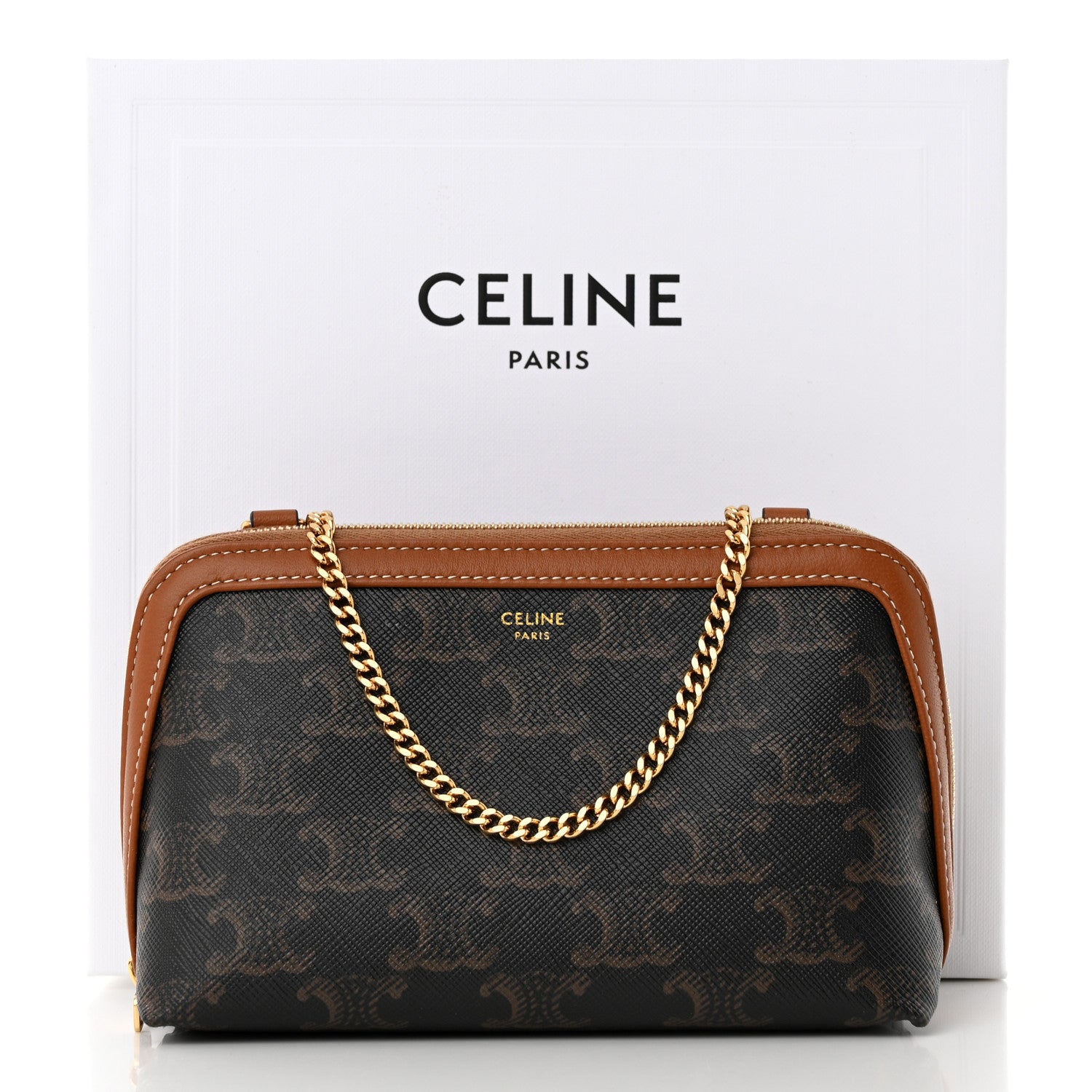 Celine Triomphe Canvas Lambskin Clutch On Chain Tan 12 of 12