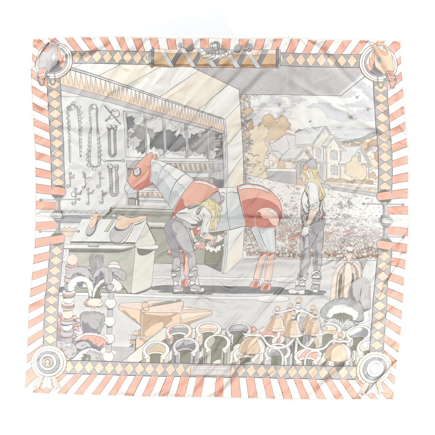Silk Pony Pit Stop Double Face Scarf 90 Rose Poudre Gris White