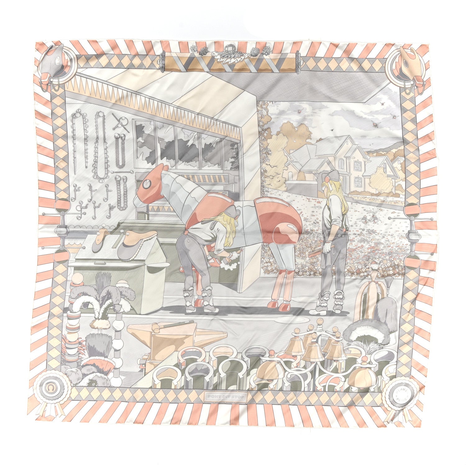 Hermes Silk Pony Pit Stop Double Face Scarf 90 Rose Poudre Gris White 1 of 5