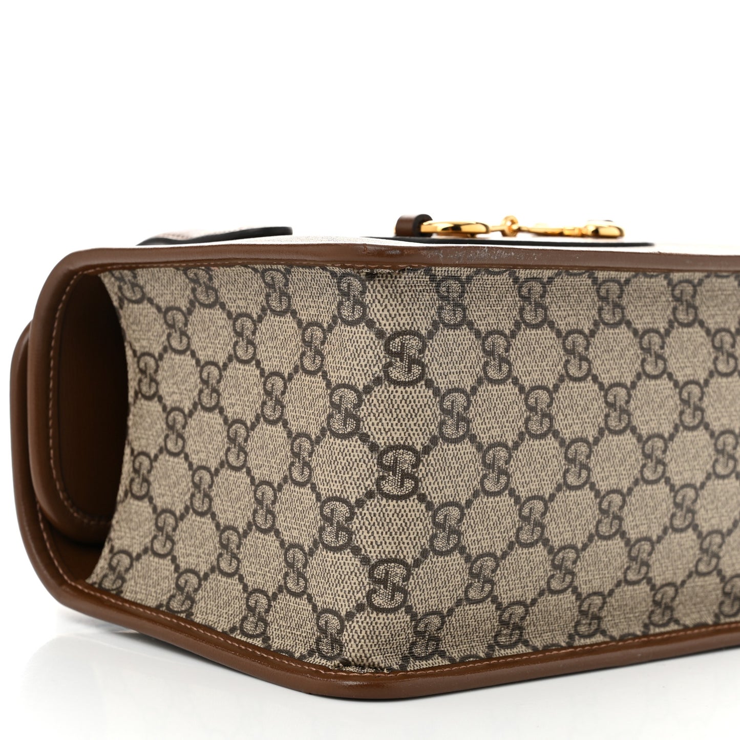 GG Supreme Monogram Azalea Calfskin Mini Horsebit 1955 Foldover Top Handle Bag Beige Ebony Brown Sugar