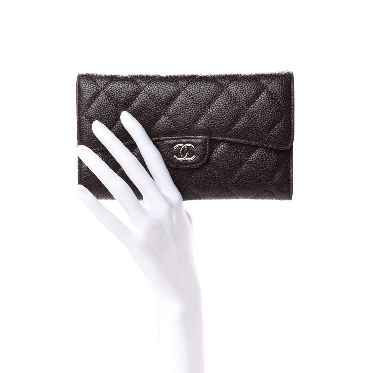 Caviar Quilted Large Flap Wallet Dark Brown