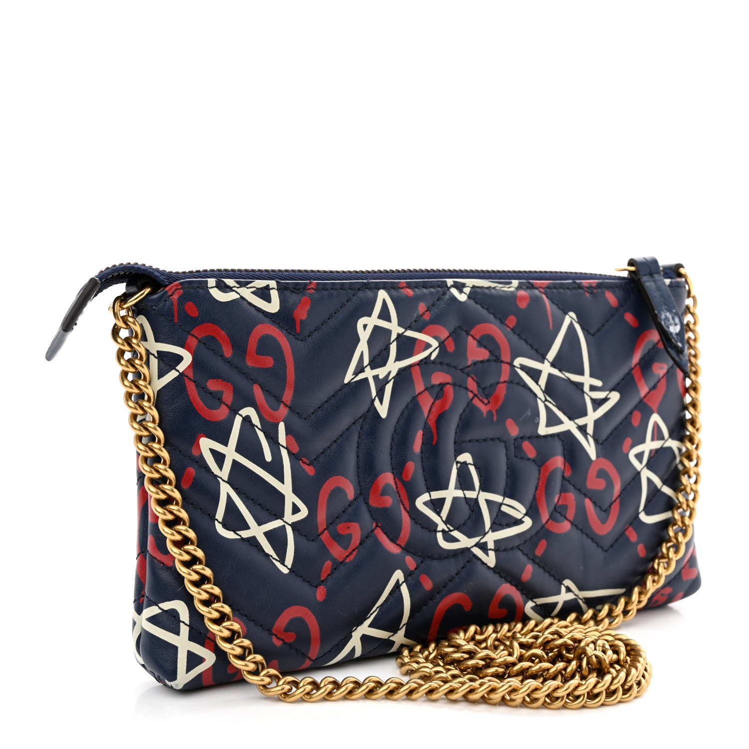 Gucci Calfskin Matelasse GucciGhost Mini GG Marmont Chain Bag Blue Agata Hibiscus Red 3 of 13