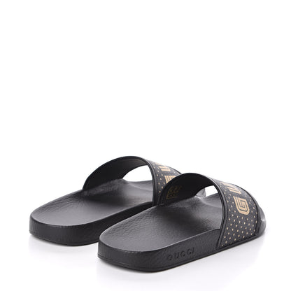 Gucci X SEGA Supreme Canvas GUCCY Stars Womens Slide Sandals 39 Black Gold 4 of 9