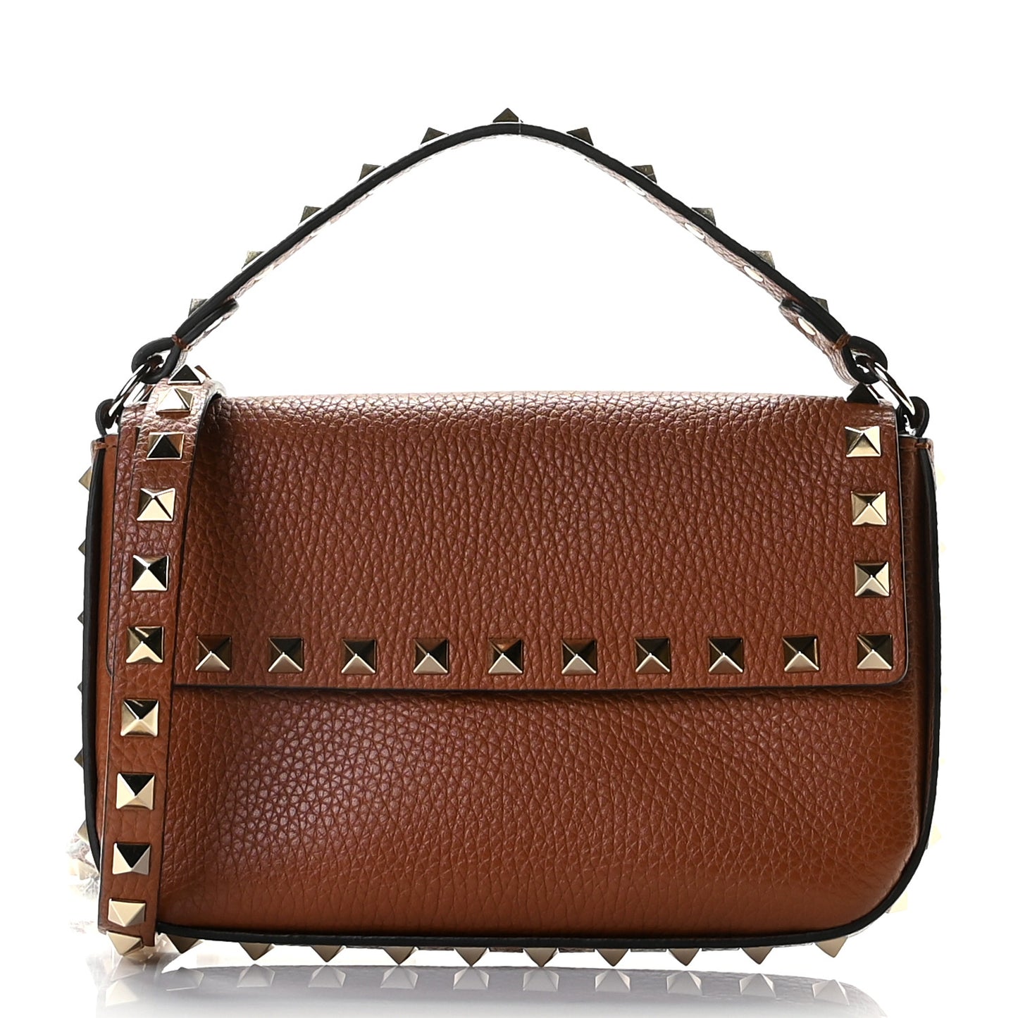 Grainy Calfskin Rockstud Crossbody Pouch Saddle Brown
