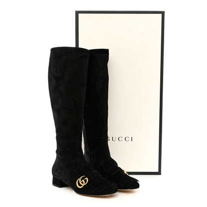 Gucci Kid Scamosciato GG Marmont Fringe Knee High Boots 40 Black 15 of 15